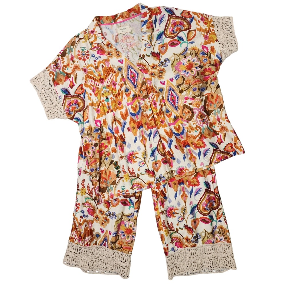 Umgee Two Piece Set Women Small Multicolor Paisley Floral Crochet Boho Festival